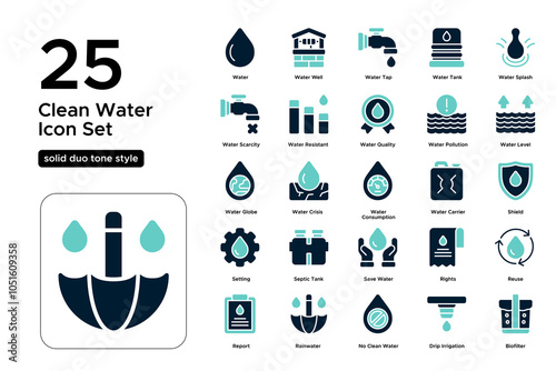 Clean Water Solid Duo Tone Icon Set: Safe Drinking Water, Environmental Health, and Purity Icons