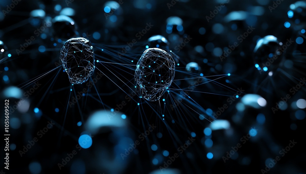 Dynamic 3D rendering of a dark background with space for advertising text, highlighted by digital blue user icons and interconnecting lines Dynamic 3D rendering of a dark background with space for advertising text, highlighted by digital blue user icons and interconnecting lines