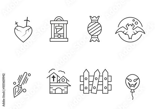 A set of eight line art icons depicting Halloween themes, including a broken heart, a guillotine, candy, a bat, a broom, a haunted house, a fence, and a spooky balloon.