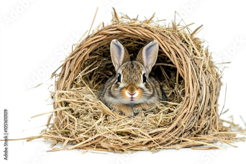 A small rabbit sitting in a cozy nest of hay, perfect for farm or countryside scenes photo