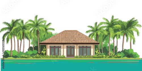 Traditional Indian Home with Palm Trees by Water - Flat Vector Illustration