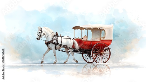 Elegant white horse-drawn carriage against a soft watercolor background evoking timeless charm and nostalgia