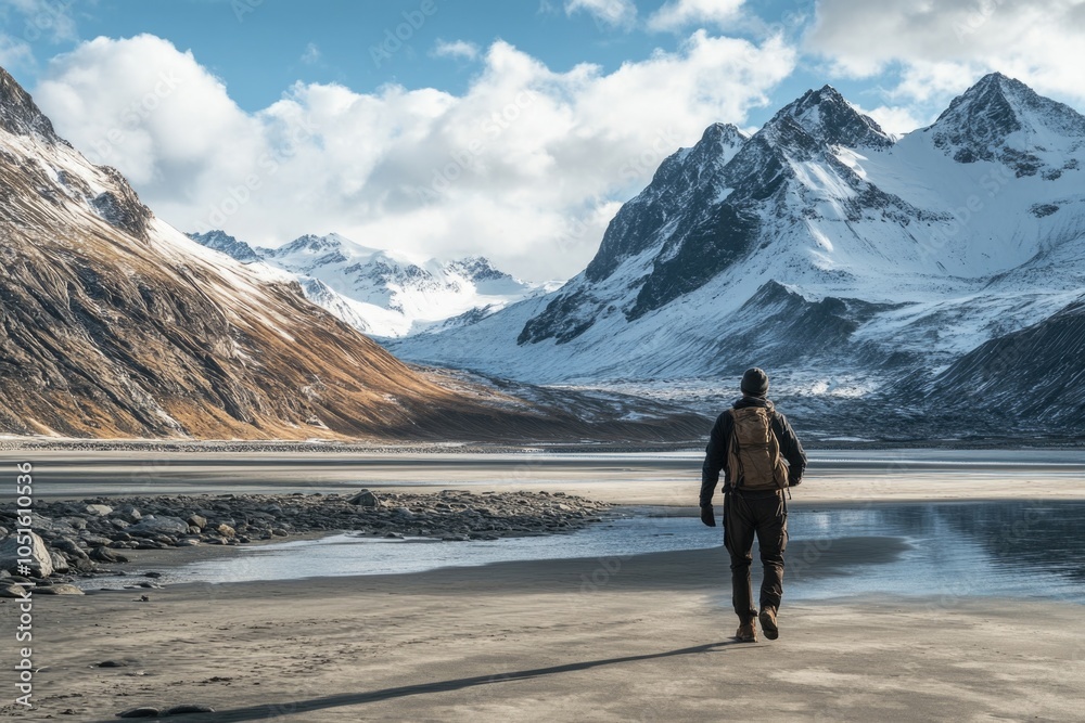 A person walking along the shoreline with a mountain backdrop