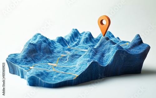 Innovative 3D rendering of a blue map with a vibrant pin against a simple white background, showcasing the essence of locator and GPS design photo