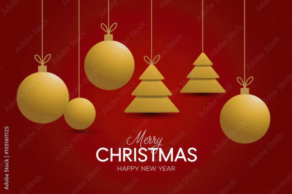 Golden Christmas ornaments and trees on red background. Golden Christmas ornaments and trees on red background.