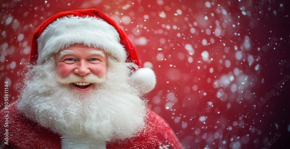 Cheerful Santa Claus on a New Year's red background with lights, free space for text