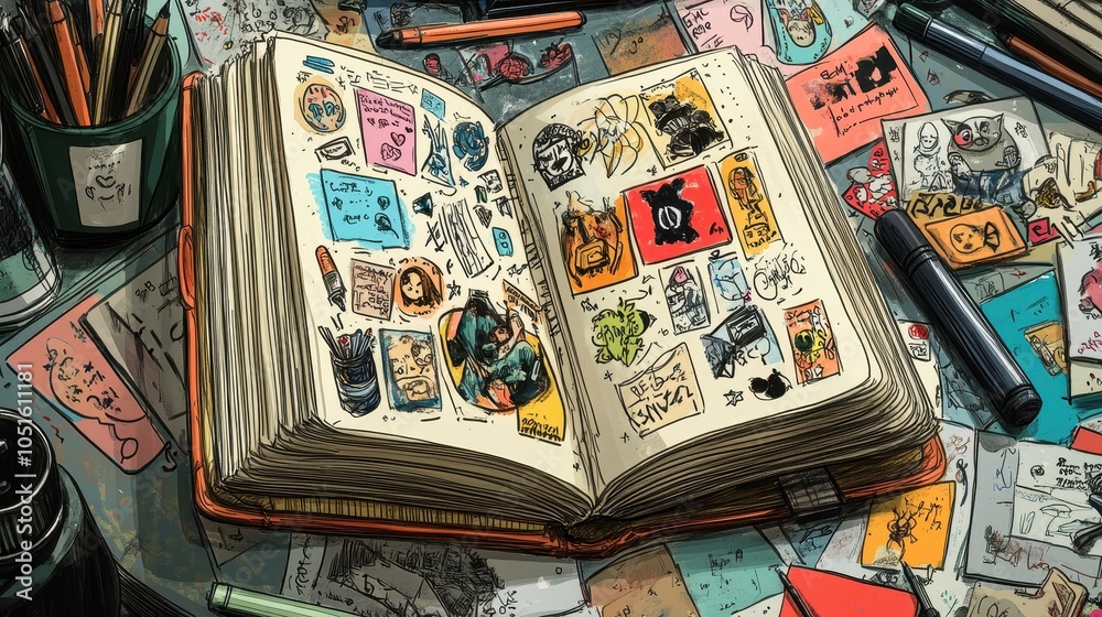 Obraz premium Whimsical illustration of a journal filled with doodles and stickers, emphasizing personal expression and creativity in journaling.