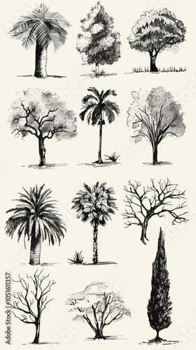  Set of hand drawn tree sketches - oak, palm tree, willow, pine, cypress, baobab, birtch maple spruce