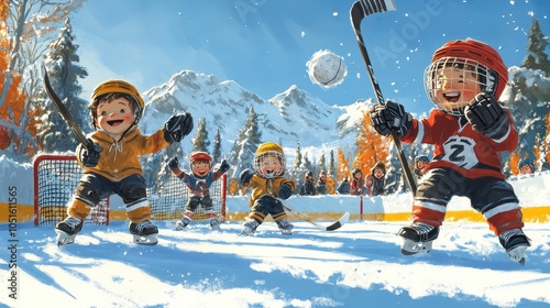 Whimsical illustration of kids in hockey gear, happily scoring goals in a mini rink, showcasing fun and excitement of the sport.