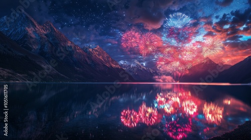 Wallpaper Mural Colorful Fireworks Over Mountain Lake at Night Torontodigital.ca