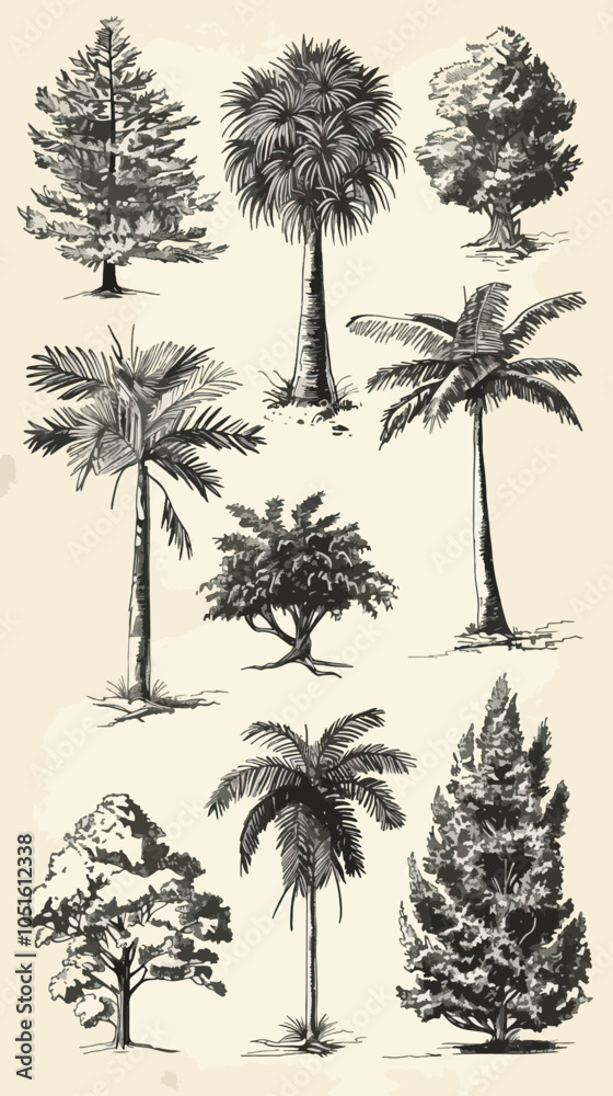 Fototapeta premium Set of hand drawn tree sketches - oak, palm tree, willow, pine, cypress, baobab, birtch maple spruce