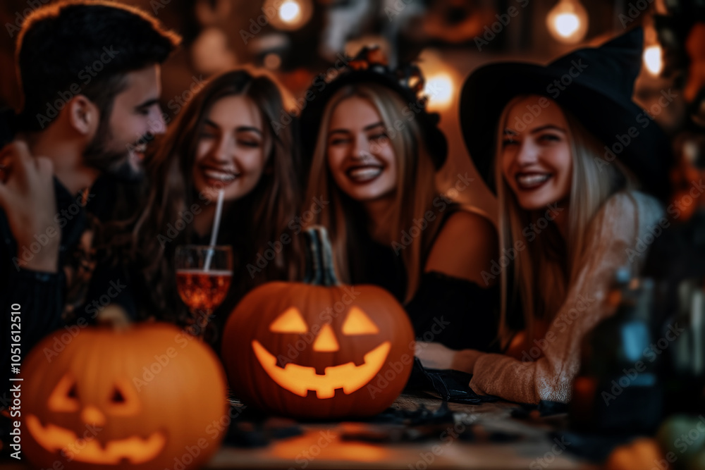Halloween party with friends, laughing and enjoying drinks at the table. Halloween party with friends, laughing and enjoying drinks at the table.