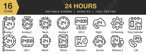 24 Hours icon set. Editable Stroke Icon Collection. Includes rotation, working, analog, call, delivery, led, and More. Outline icons vector collection.
