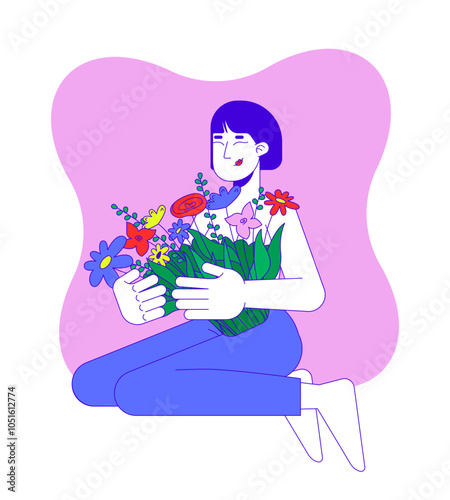 Celebrating resilience after mastectomy 2D illustration concept. Breast cancer survivor asian woman embracing florals cartoon character isolated on white. Metaphor abstract flat vector graphic