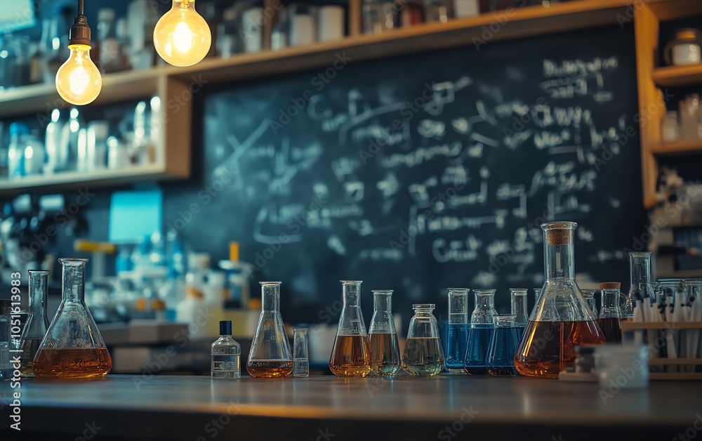 Fototapeta premium Detailed image of a blackboard background showcasing chalkwritten chemical equations and laboratory flasks, highlighting education in the exact sciences