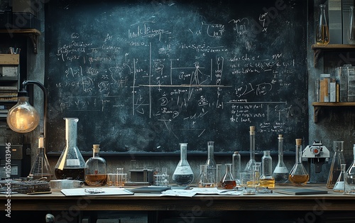 Detailed image of a blackboard background showcasing chalkwritten chemical equations and laboratory flasks, highlighting education in the exact sciences photo