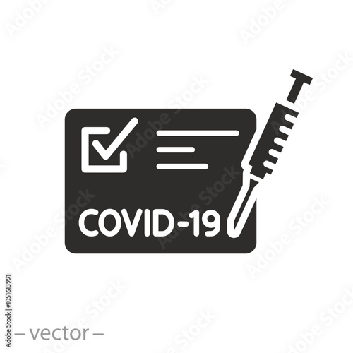 medical card or passport, vaccine passport icon, vaccination certificate against covid-19 with check mark, flat vector illustration