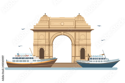 Iconic Gateway of India with Boats in Waterfront Scene - Mumbai Vector Art