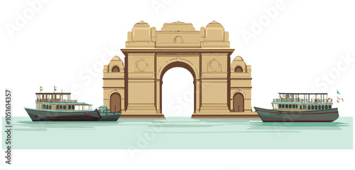 Gateway of India in Mumbai with Boats - Historic Harbor and Monument Illustration