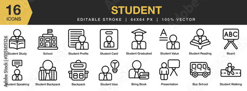 Student icon set. Editable Stroke Icon Collection. Includes backpack, board, bring book, bus school, presentation, and More. Outline icons vector collection.