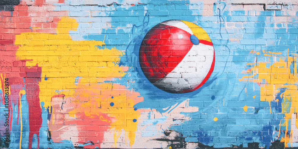 Obraz premium Graffiti-style painting of a colorful beach ball on a vibrant wall with blue, yellow, and pink splatters.