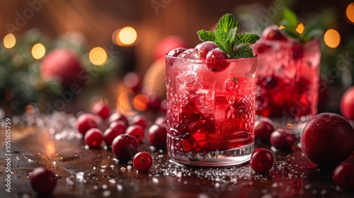 Winter season. Cranberry cocktail, winter festive cold drink, punsh photo