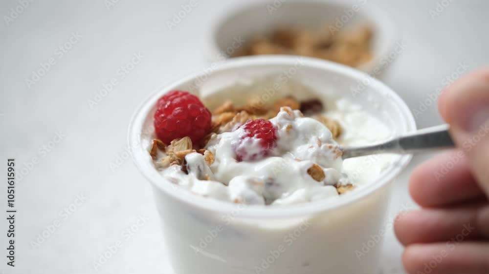 Greek yogurt with crunchy granola and raspberries in yogurt plastic cup. Eating healthy snack, rich in protein, calcium and low calories