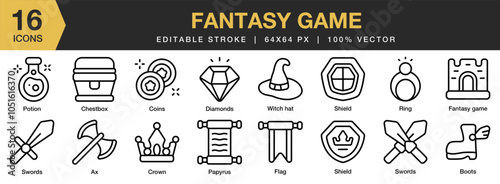 Fantasy Game icon set. Editable Stroke Icon Collection. Includes axe, boots, chest box, coins, crown, diamonds, and More. Outline icons vector collection.