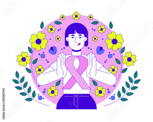 Asian feminist movement of pink ribbon 2D illustration concept. Breast cancer solidarity. Japanese, korean woman femininity cartoon character isolated on white. Metaphor abstract flat vector graphic