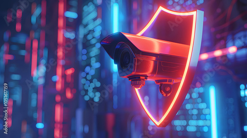 A futuristic security camera surrounded by a neon shield icon, representing advanced surveillance, cyber protection, and digital security in a tech-inspired setting