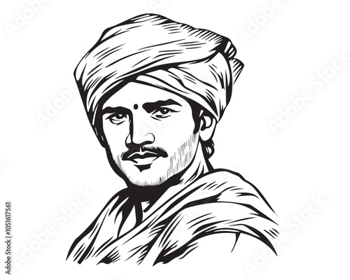 Classic Engraving of an Indian Farmer in Traditional Attire, Black and White