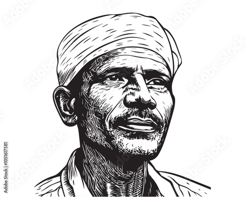 Vintage Black and White Woodcut Illustration of Traditional Indian Farmer