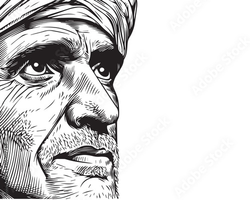 Detailed Woodcut Portrait of Traditional Indian Man with Turban in Vintage Style photo