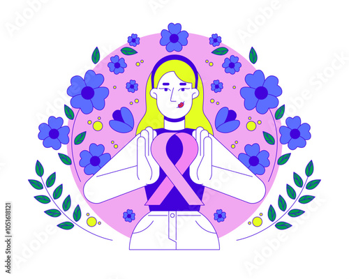 White feminist movement of pink ribbon 2D illustration concept. Breast cancer solidarity. Caucasian woman femininity cartoon character isolated on white. Metaphor abstract flat vector graphic