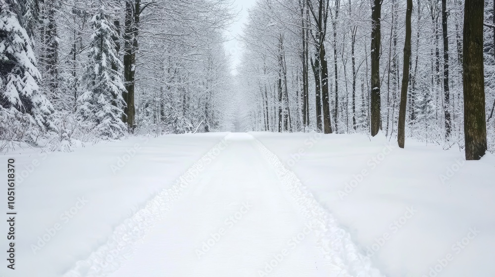 Obraz premium A serene, snow-covered path lined with trees, creating a tranquil winter landscape.
