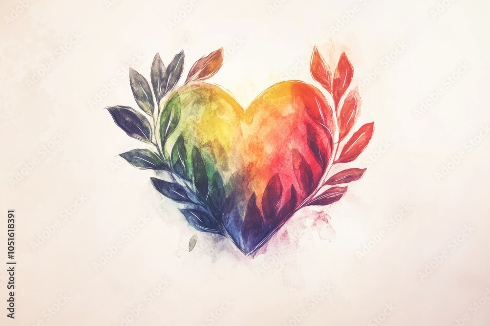 Fototapeta premium Watercolor illustration of a heart surrounded by leaves
