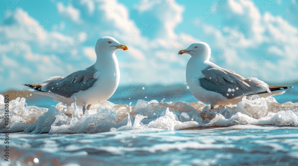 Two seagulls stand in the surf on a sunny day Two seagulls stand in the surf on a sunny day