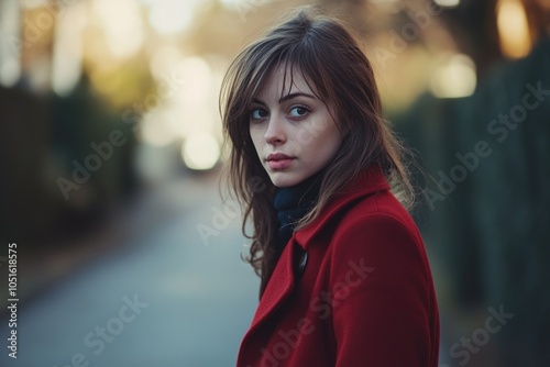 A woman wearing a bright red coat stands on a city street, possibly waiting for someone or lost in thought