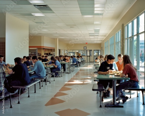 Students seated in a school cafeteria, enjoying lunch and socializing in a lively, shared space