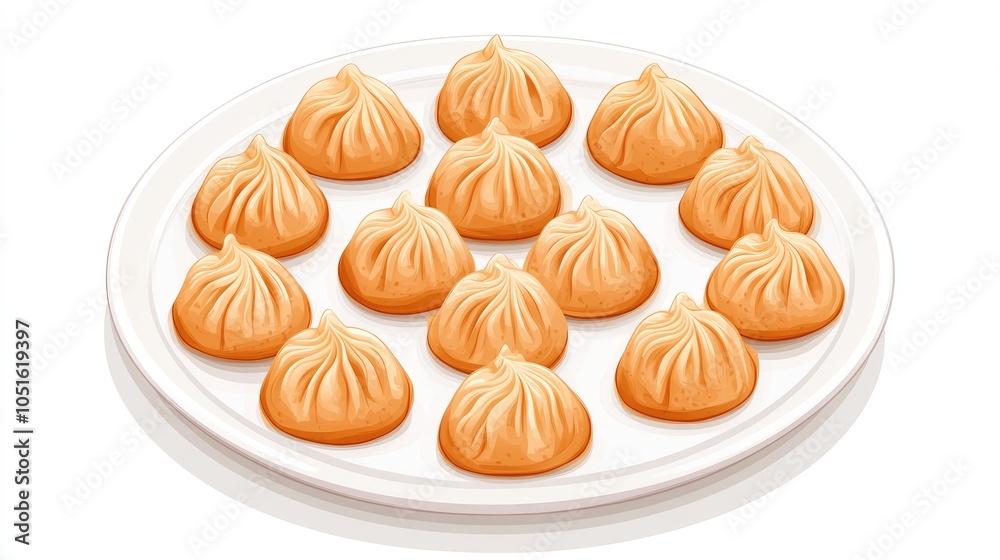 A plate of 15 steamed buns, arranged in a circle on a white plate, isolated on a white background. A plate of 15 steamed buns, arranged in a circle on a white plate, isolated on a white background.