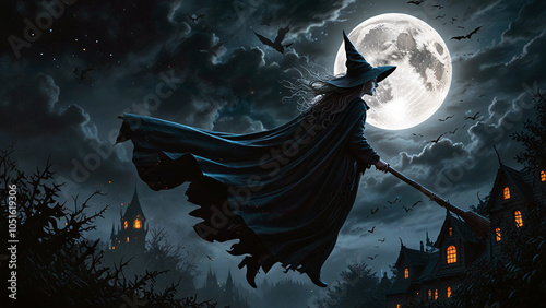 Through the Shadows: Witch’s Broomstick Flight Under a Full Moon