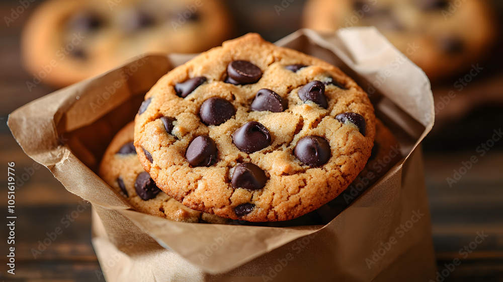 A Brown Paper Bag Filled with Delicious Chocolate Chip Cookies Sitting on a Wooden Table – A Tempting Treat That Evokes Warm Memories of Baking, Perfect for Food Lovers, Dessert Enthusiasts, and Nosta A Brown Paper Bag Filled with Delicious Chocolate Chip Cookies Sitting on a Wooden Table – A Tempting Treat That Evokes Warm Memories of Baking, Perfect for Food Lovers, Dessert Enthusiasts, and Nosta