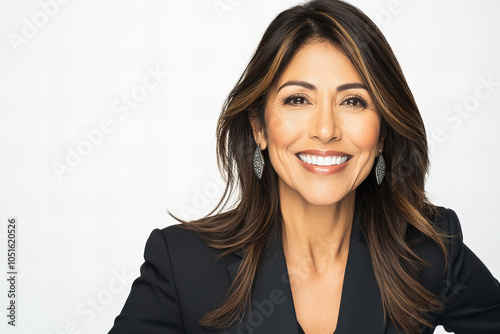 Joyful Hispanic Woman Laughing, Bright Makeup, Radiant Smile, Elegant Earrings, Stylish Fashion, Happy Expression, Celebrating Diversity, Female Empowerment, Confident Latina Beauty