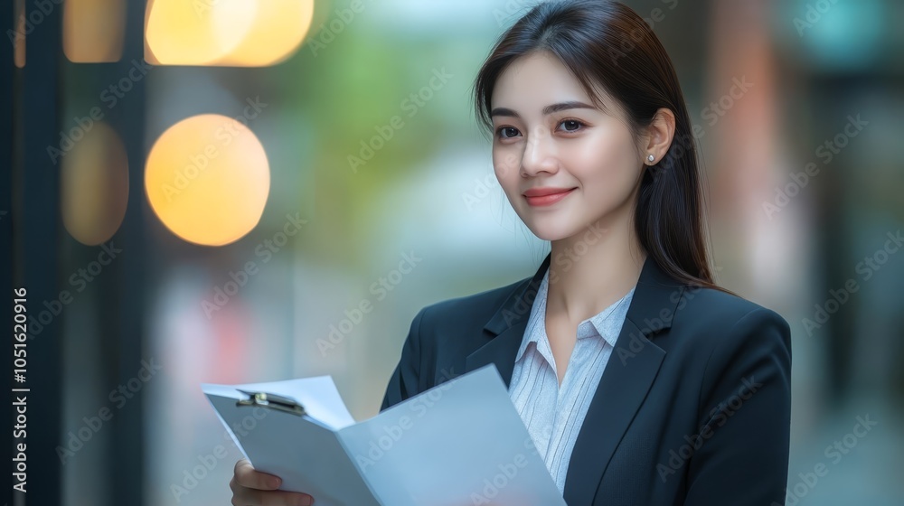 Confident and stylish, woman in purple suit exudes professionalism with folder in hand Confident and stylish, woman in purple suit exudes professionalism with folder in hand