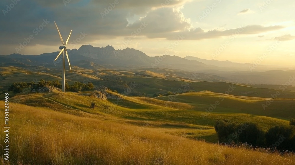 Obraz premium Scenic Landscape with Wind Turbine and Mountains