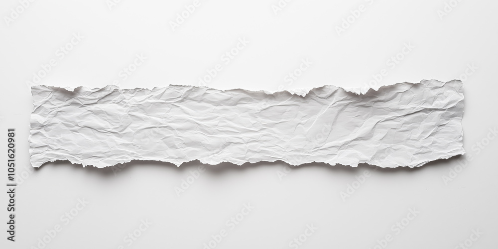 Obraz premium Crumpled torn strip of white paper with jagged edges, isolated on a plain light background, perfect for abstract creative designs or textured placeholders