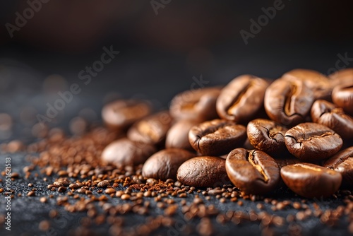 Close-Up of Roasted Coffee Beans with Ground Coffee for Culinary and Beverage Use photo