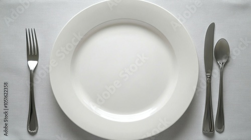 Simple White Dinner Plate with Silverware on Tablecloth Clean Table Setting