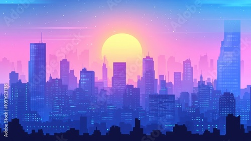 Retro Sunset Cityscape Illustration Colorful Urban Skyline