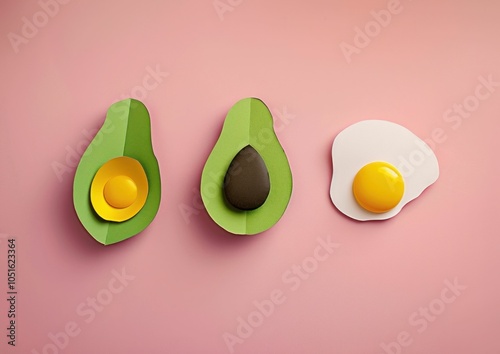 Avocado, egg, food art, minimalistic design, pastel colors A creative representation of an avocado and egg on a pink background, perfect for modern food concepts and branding photo